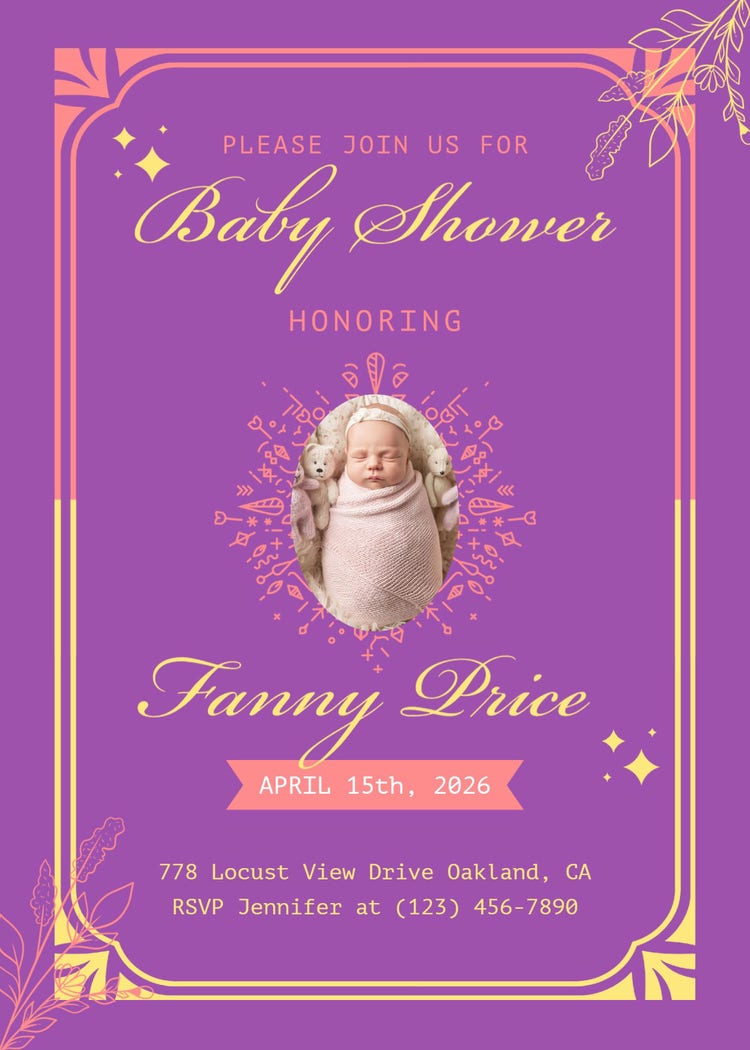 Purple and Pink Baby Shower Invitation Card