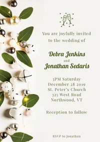 White and Green Christmas Bells Leaves Wedding Invitation Wedding