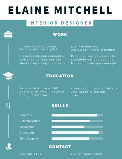 Blue and White Interior Designer Resume Infographic Ideas