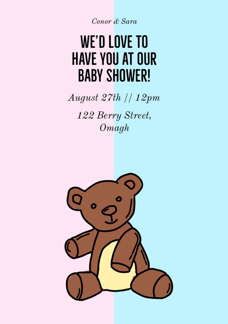 Pink and Blue Cute Teddy Baby Shower Invitation Card