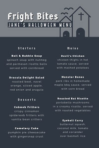 Grey and White Halloween Murder Mystery Party Menu Halloween Party