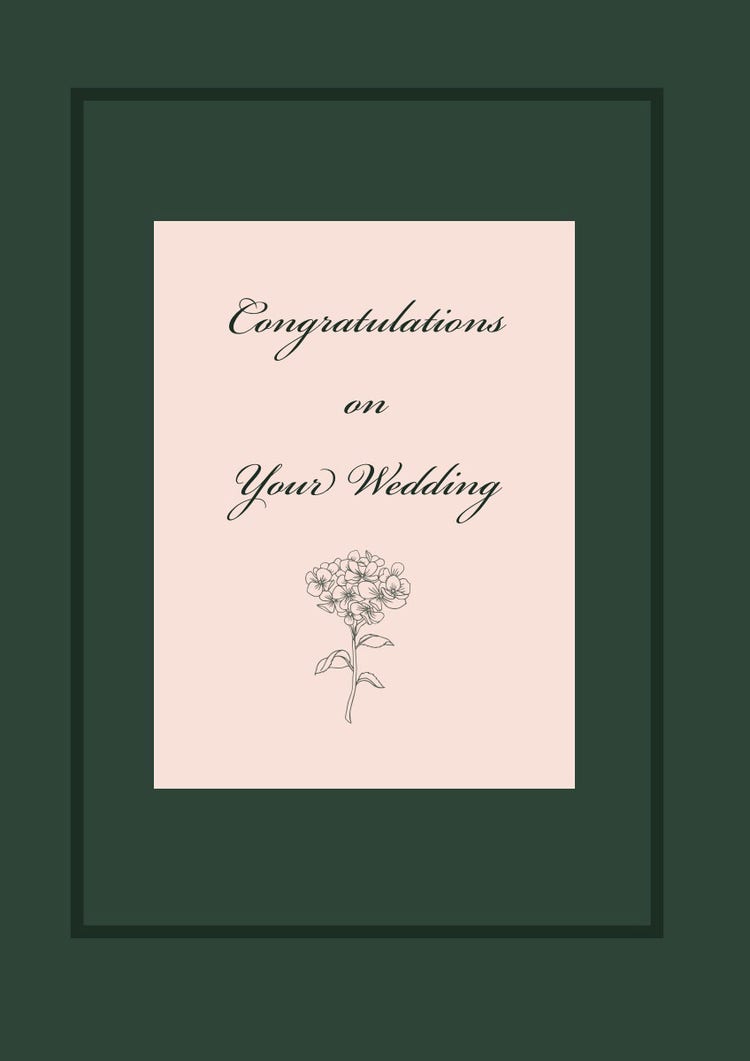 Dark Green and Pink Wedding Congratulations Card with Frame and Bouquet 