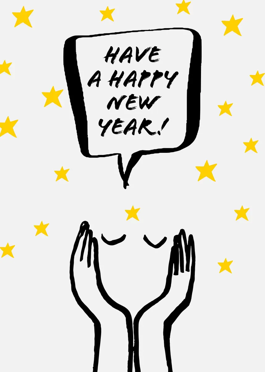 Illustrated Happy New Year Card with Stars and Face