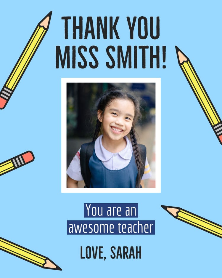 Blue Pencils and Schoolgirl Photo Thank You Teacher Appreciation Card