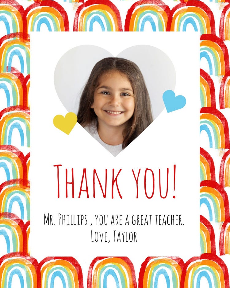 Rainbow Pattern and Girl Photo Teacher Appreciation Card