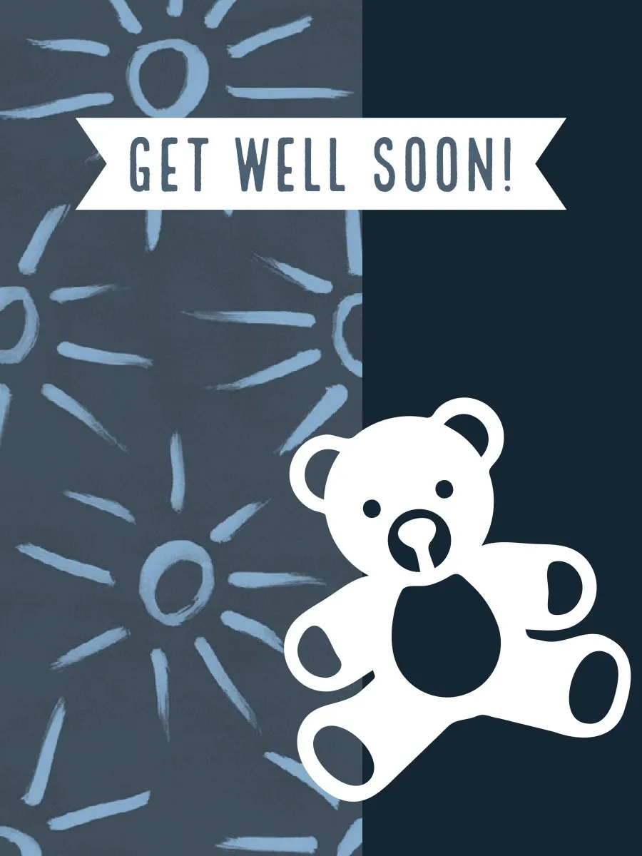 Blue Illustrated Get Well Soon Card with Teddy Bear