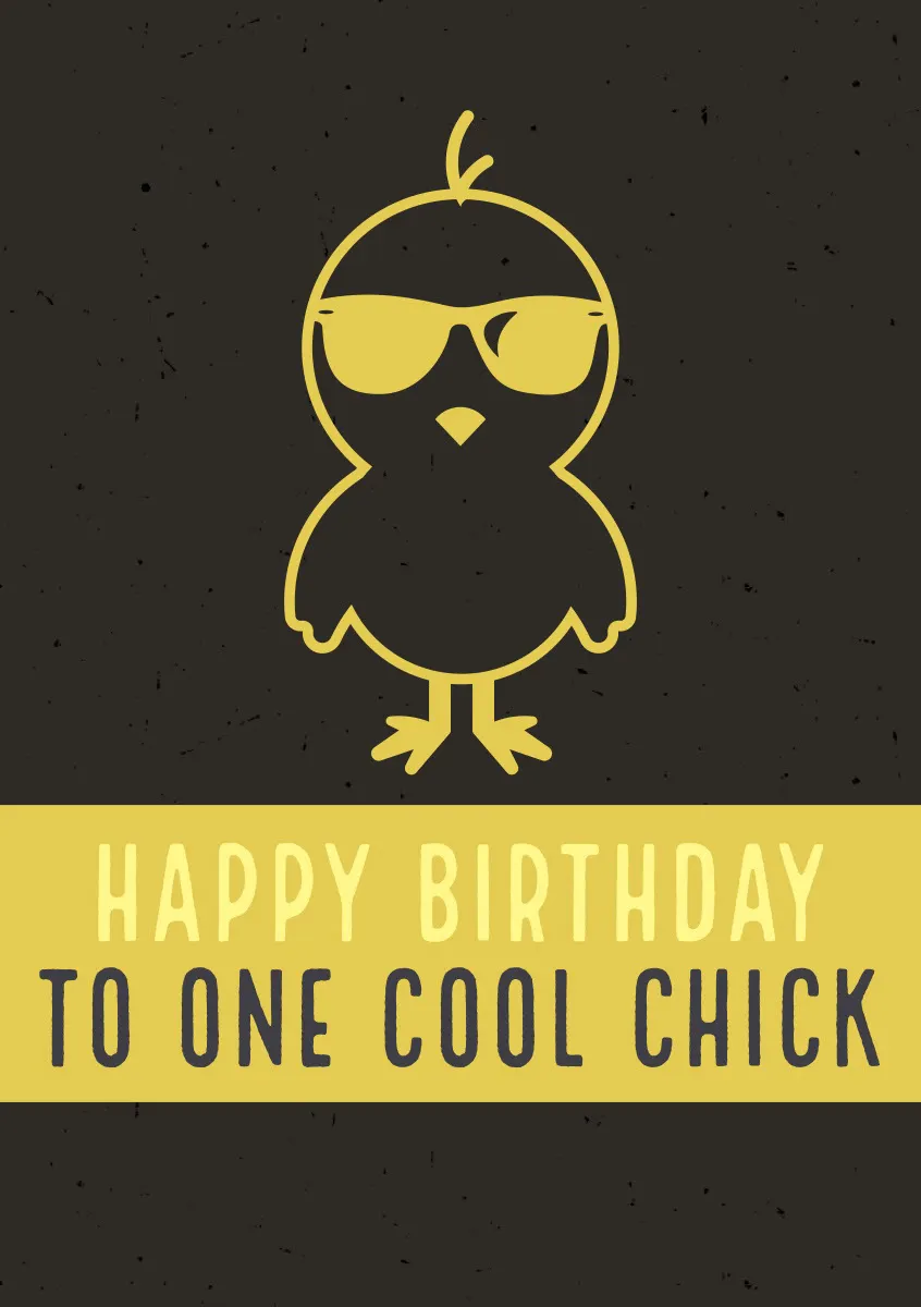 Yellow and Black Illustrated Happy Birthday Card with Chick in Sunglasses