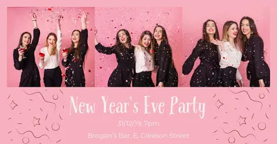 Pink Feminine New Year's Eve Party Facebook Post Graphic with Women and Confetti Facebook Image Size
