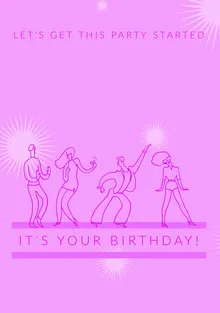 Pink Illustrated Happy Birthday Card with Dancing People Birthday Card