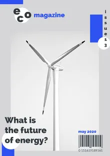 Blue and White Ecology Environmental Magazine Cover with Wind Turbine Magazine Cover