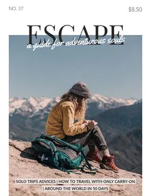 Travel Magazine Cover with Female Hiker in Mountains Magazine Cover