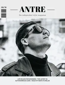 Black and White Fashion Magazine Cover with Male Model in Sunglasses and Leather Jacket Magazine Cover