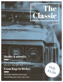 Blue Monochrome Vintage Car Magazine Cover with Photo Magazine Cover