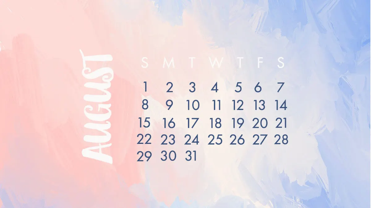 Pink and Blue Watercolor August Calendar Desktop Wallpaper
