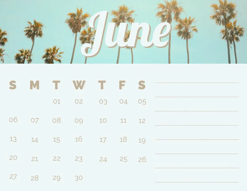 June Calendar with Palm Trees