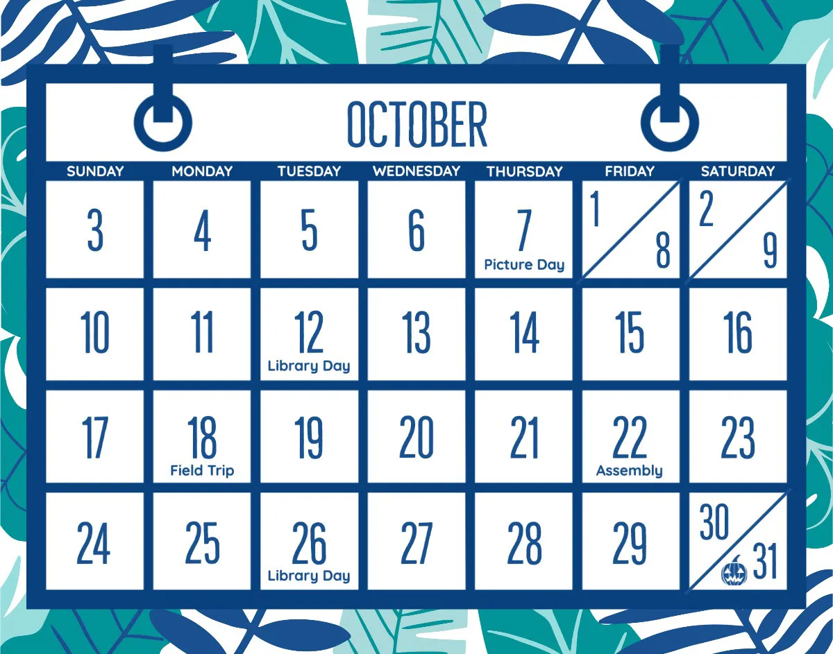 Blue Tropical Classroom Teacher Calendar