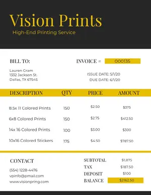 Black and Yellow Printing Service Invoice Invoice