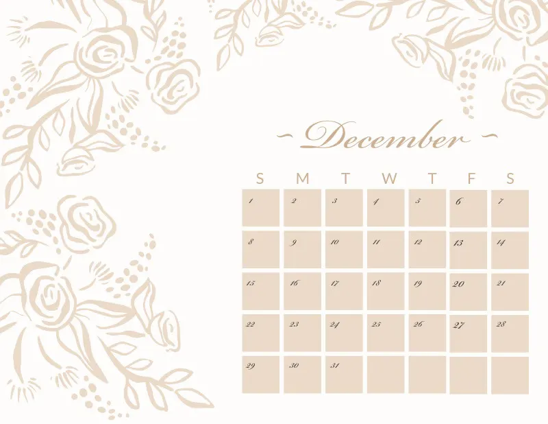 Beige Floral December Calendar