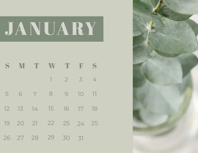 Green January Calendar with Houseplant Photo