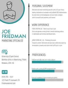 Turquoise and Gray Marketing Specialist Resume Resume