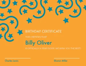 Orange and Blue Birthday Certificate with Stars Certificate