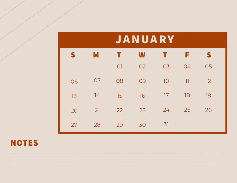 Red and Pink january Calendar with Notes