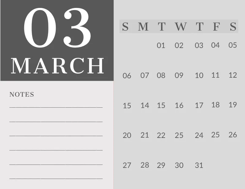 Gray March Calendar with Notes