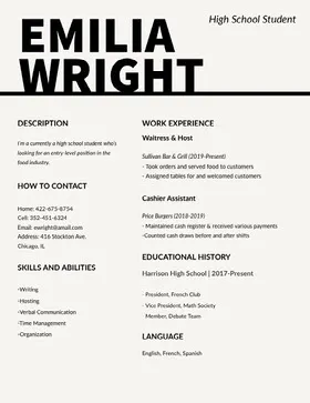 Black and White Food Industry High School Student Resume Resume