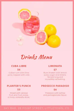 Pink Grapefruit Cocktail Drinks Menu Menu