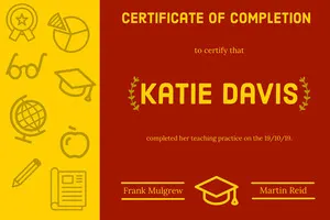 Yellow and Red Illustrated Teacher Certificate of Completion  Certificate