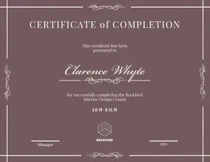 Brown Elegant Calligraphy Interior Design Course Completion Certifiacte Certificate