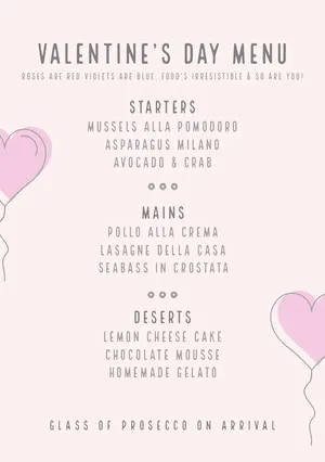 Gray and Pink Balloon Heart Valentine's Day Party Menu Menu