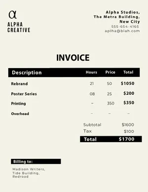 Black and White Simple Creative Agency Invoice Invoice
