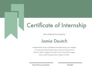 Green Internship Certificate with Ribbon Certificate