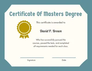 Blue and Gold Certificate Of Masters Degree with Medal Certificate