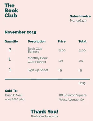 Black and White Simple Book Club Invoice Invoice