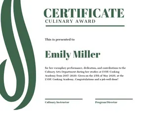 Green Culinary Award Certificate Certificate