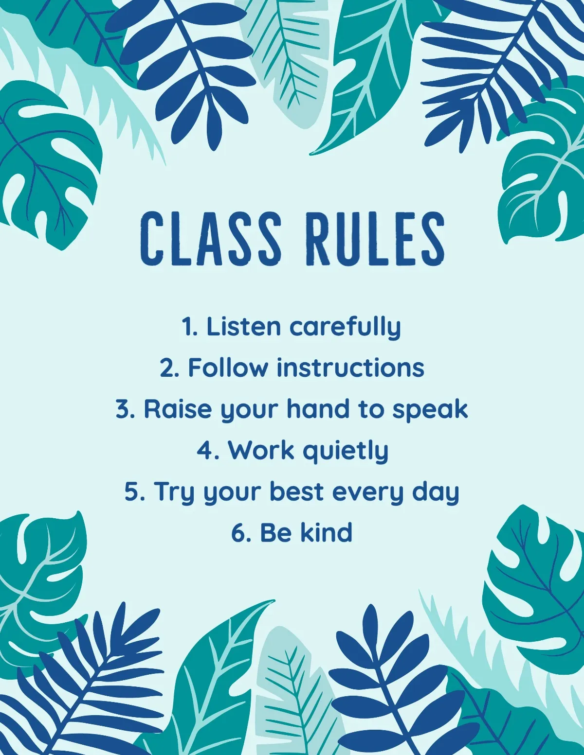 Blue Tropical Class Rules Poster