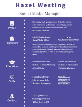 Violet and White Social Media Manager Resume Resume