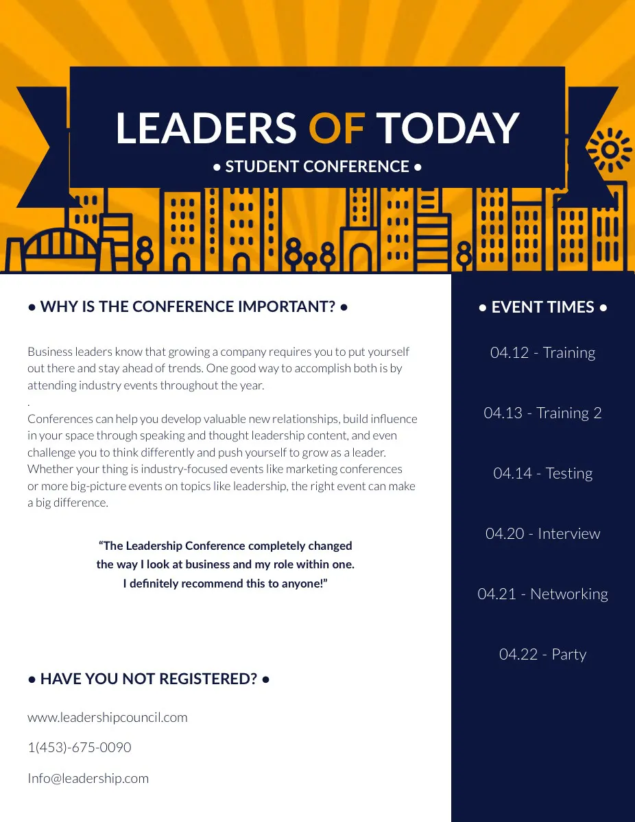 Orange and Blue Business Leader Conference Newsletter Graphic