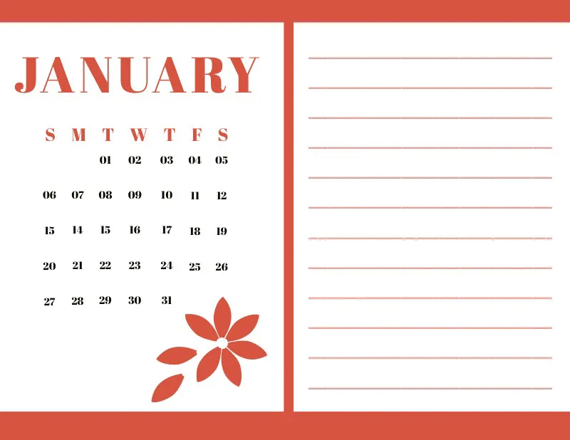 Red january Calendar with Notes