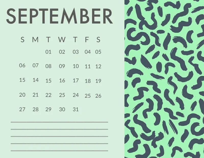 Green and Blue September Calendar with Pattern
