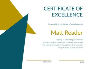 Gold and Blue Geometric Student Excellence Certificate Certificate