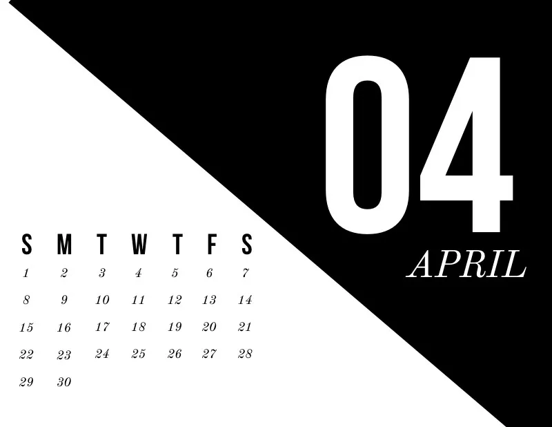 Black and White Modern April Calendar
