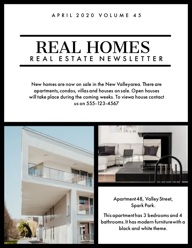 Real Estate Newsletter with Room and Modern House Exterior