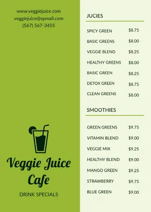 Green Vegetable Juice and Smoothie Cafe Menu Menu