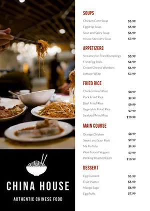 Chinese Restaurant Menu with Photo of Noodles and Chopsticks Menu