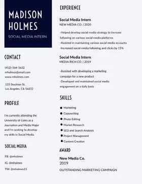 Black and White Journalist and Social Media Marketing Specialist Resume Resume