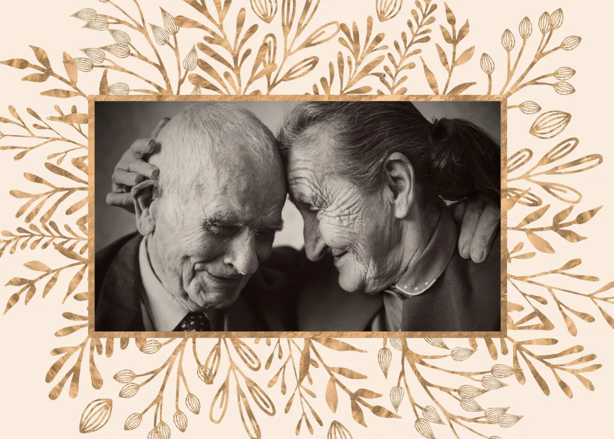 Golden Foil Foliage Photo Frame with elderly couple