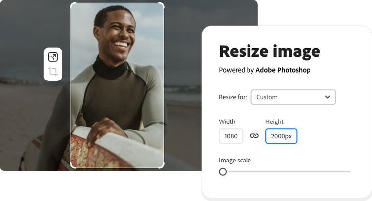 The image of a surfer is being resized using Adobe Express image resizer.